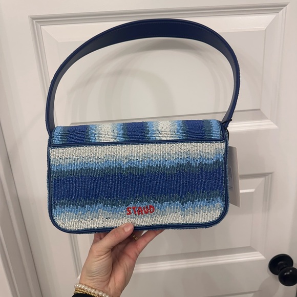 STAUD Handbags - NWT STAUD Blue and White Beaded Shoulder Bag